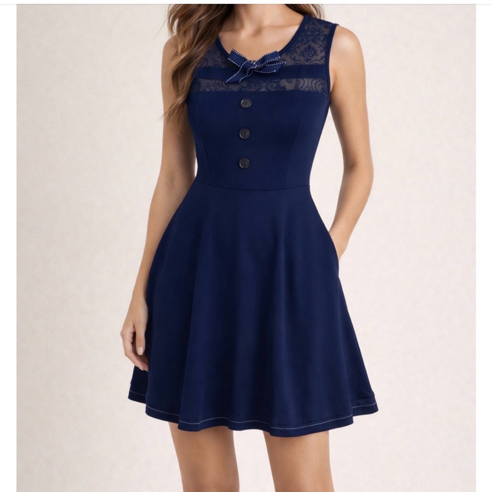 Lulus Navy Blue Sailor Dress Size Medium | Bow Detail | Fit & Flare Stretch